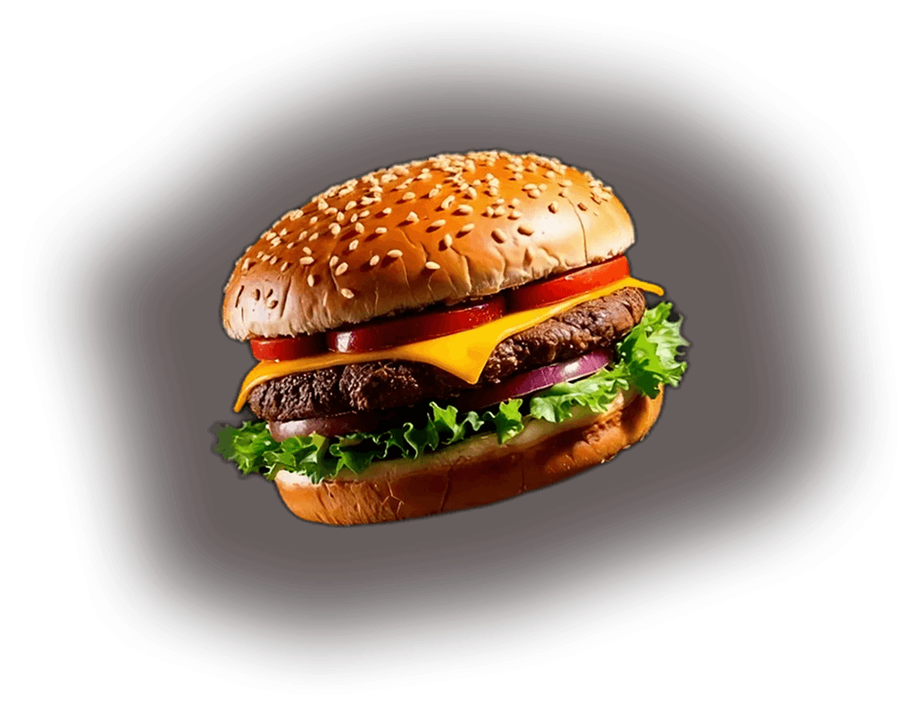 Flame-grilled halal cheeseburger on a sesame bun