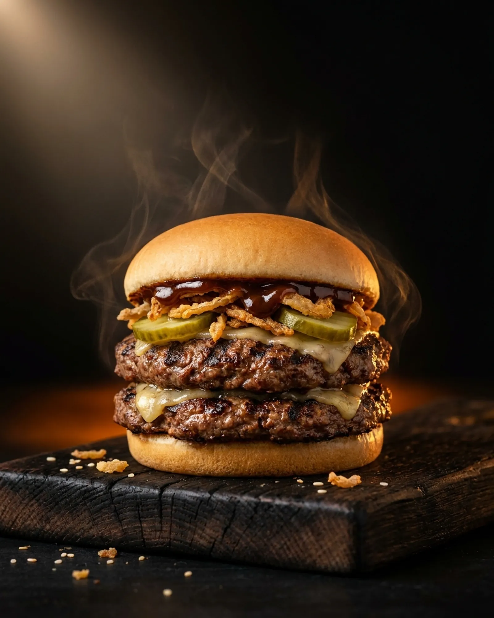 Glossy smashed double burger with pickles on a black background