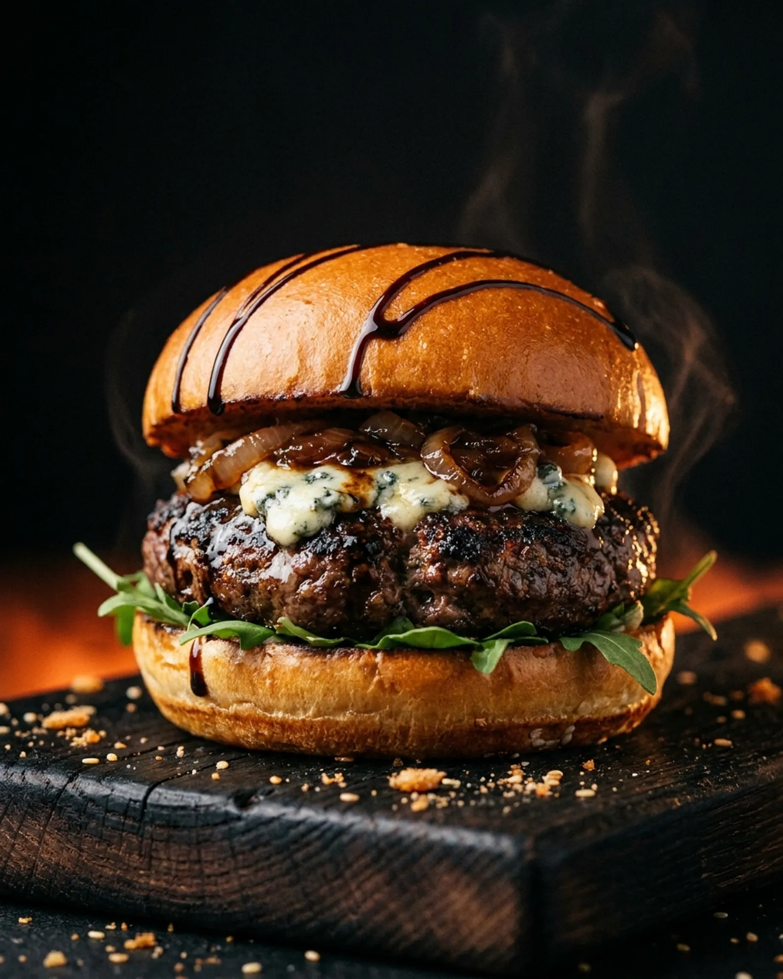 Blue Flame — Beef patty, blue cheese crumble, caramelized shallot, arugula, balsamic glaze.