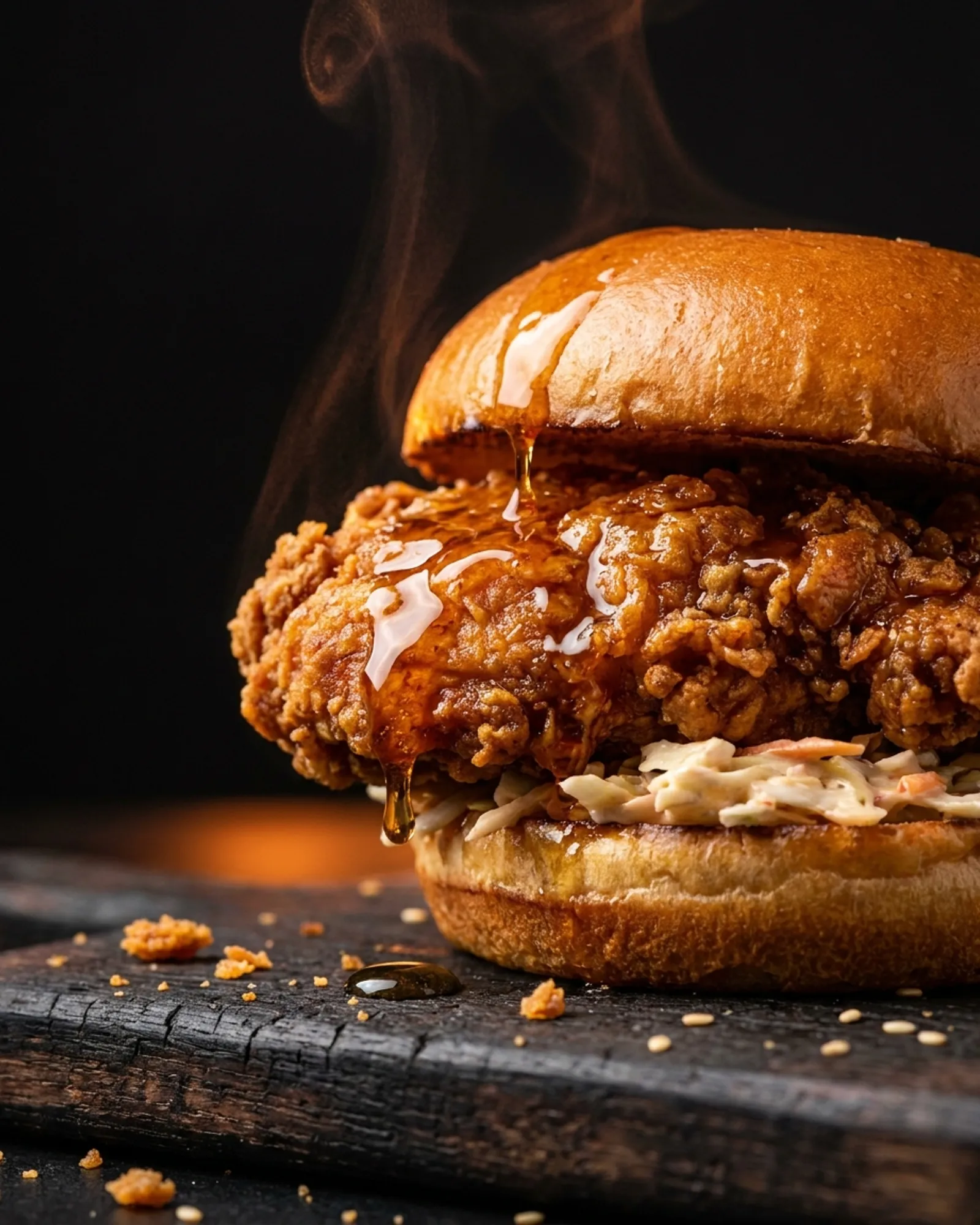 Crispy Maple — Buttermilk fried chicken, hot honey, slaw, brioche.