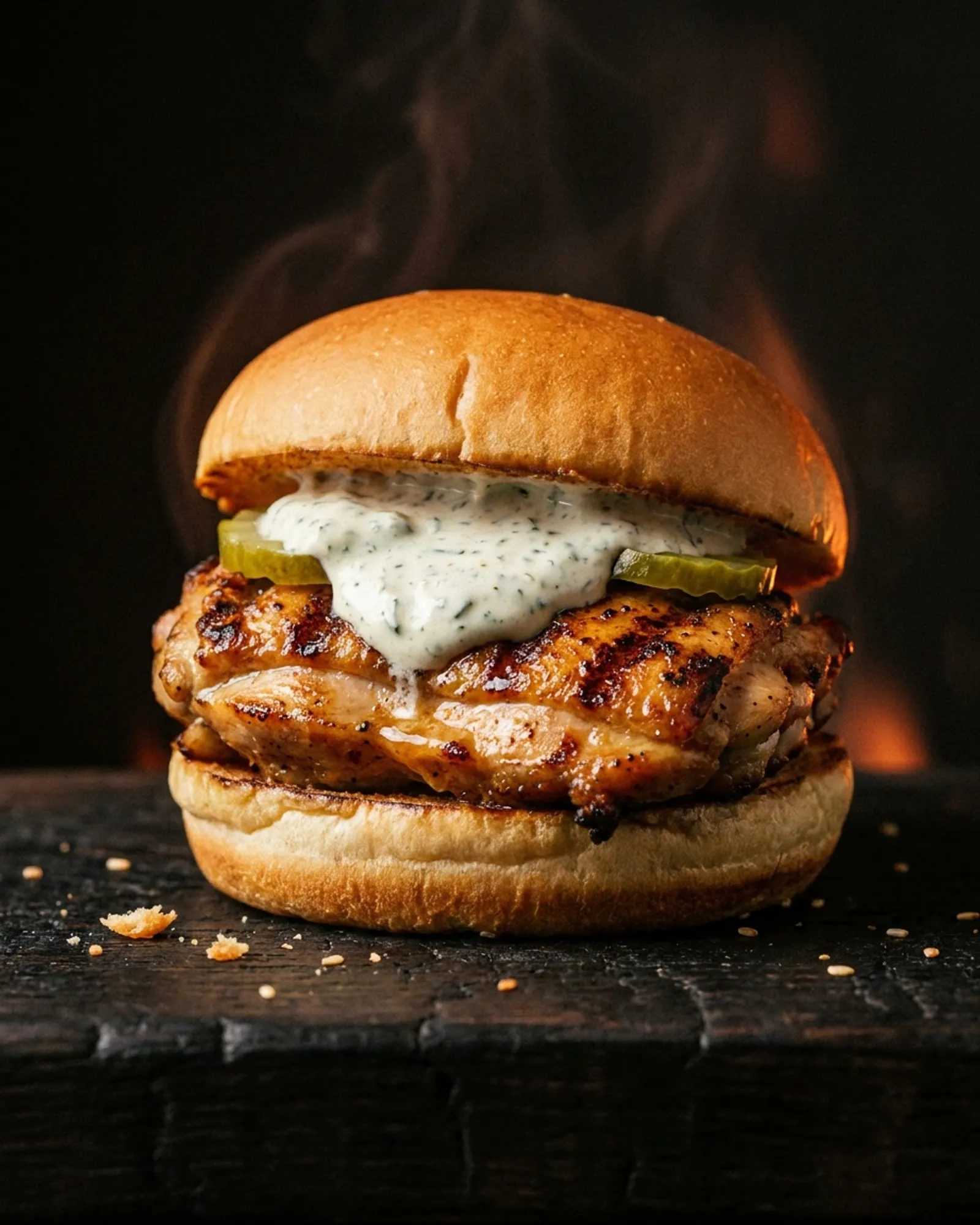 Golden Char — Grilled chicken thigh, herb yogurt, pickles, brioche.