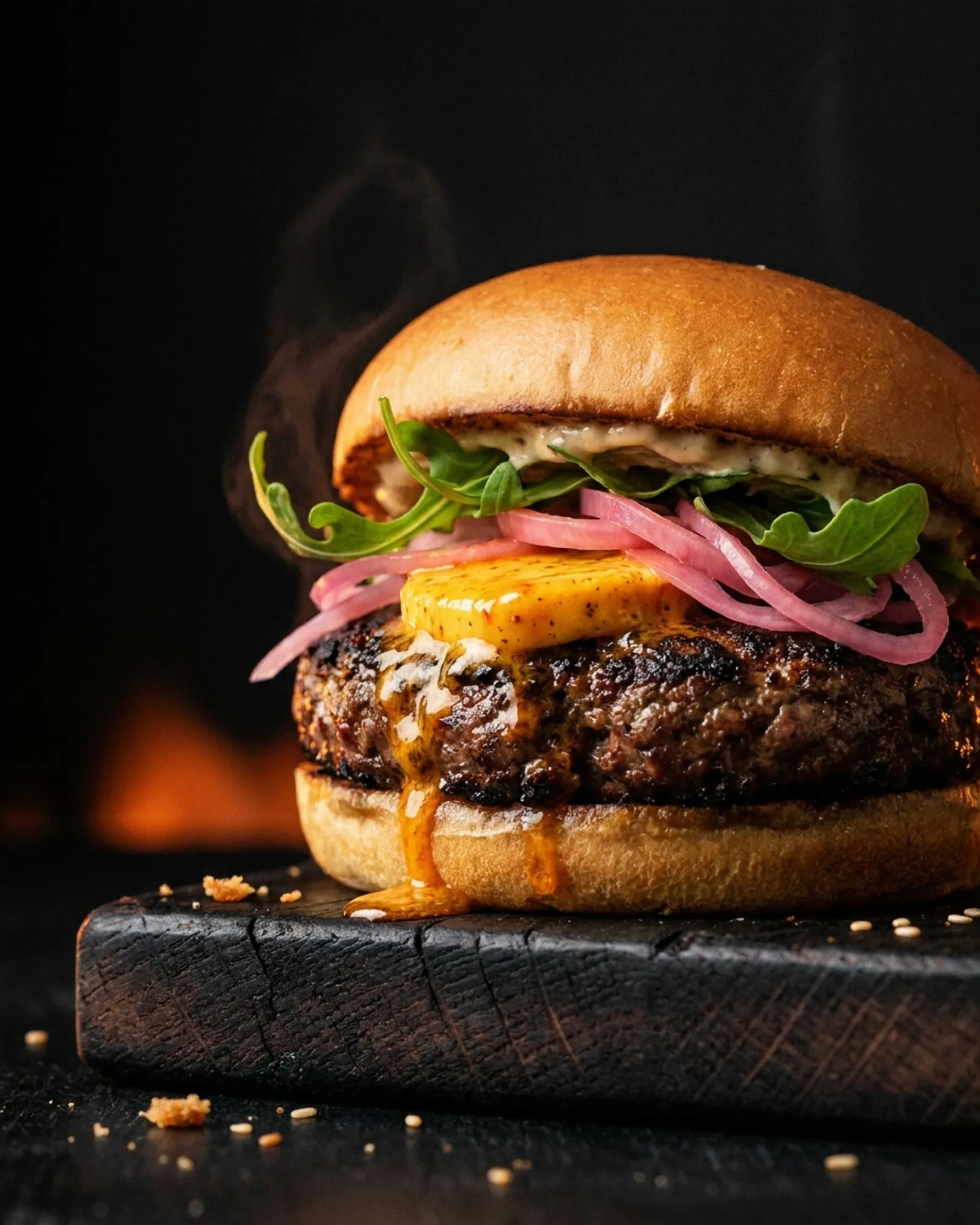 Harissa Maple — Beef patty, harissa butter, pickled fennel, arugula, roasted garlic aioli.