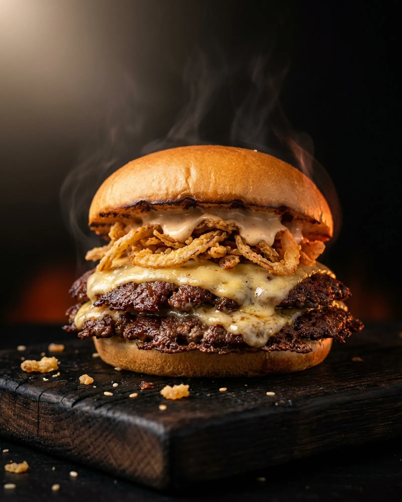 Smoke & Char — Double-smashed beef, smoked gouda, crispy fried onions, chipotle aioli.