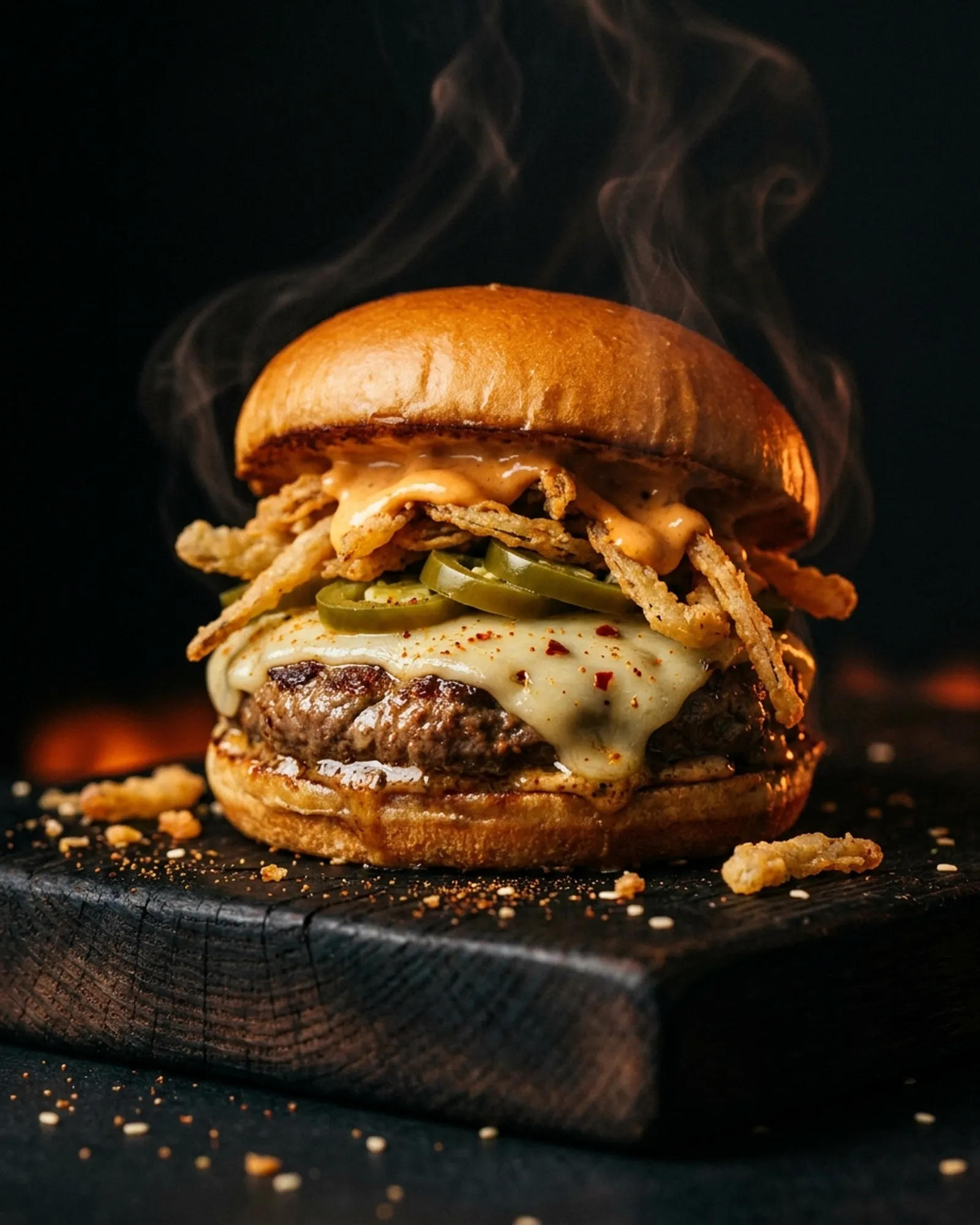 The Firestarter — Beef patty, pickled jalapeños, pepper jack, chipotle mayo, crispy onion straws.