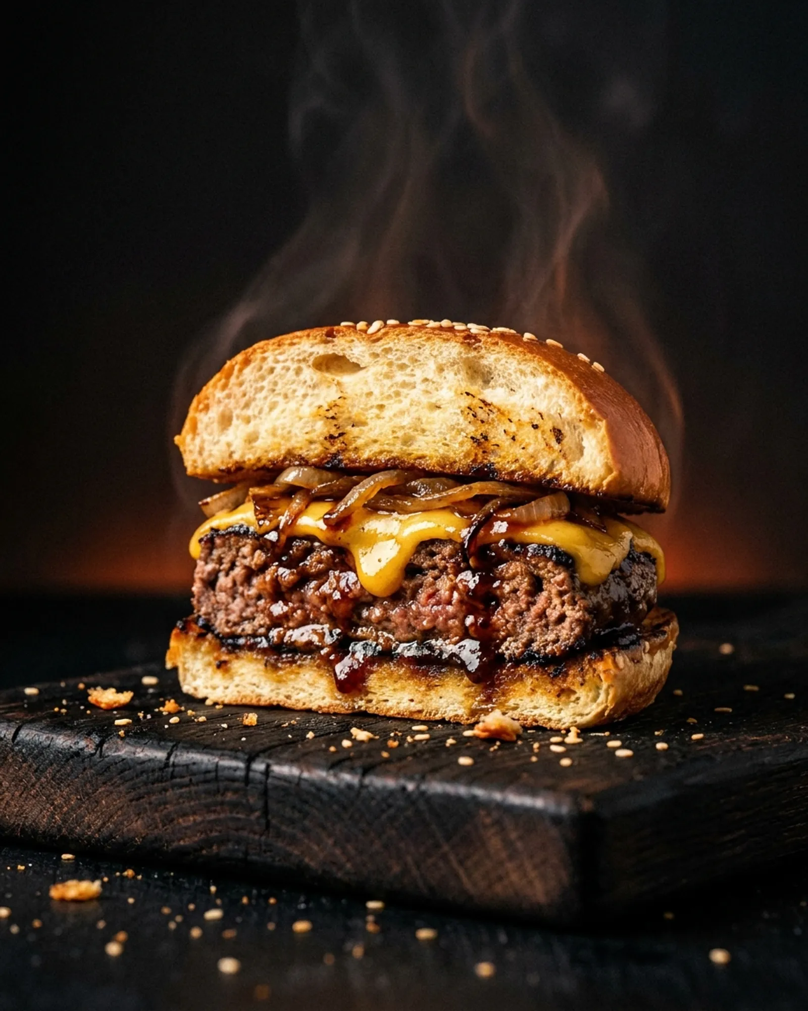 The Original — Halal beef, aged cheddar, caramelized onion, maple yard sauce, toasted brioche.